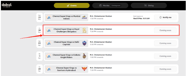 CSK match tickets page on District website